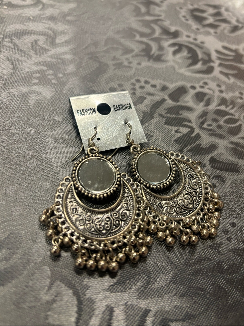 Bohemian Silver-Tone Filigree Mirror Drop Earrings